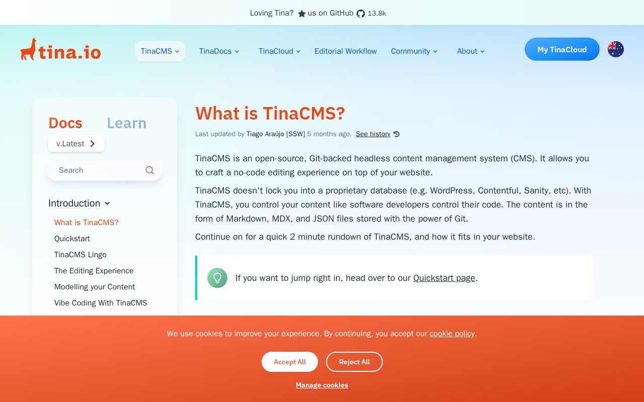 Preview of TinaCMS documentation site (tina.io/docs), built on tina-docs