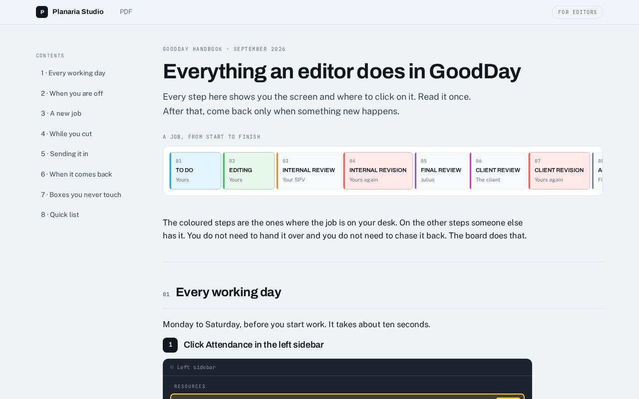 Preview of Planaria Studio: what an editor does in GoodDay.