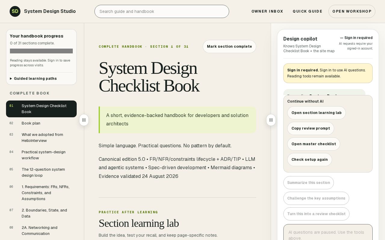 Preview of Interactive system design handbook with a page-aware GPT copilot and diagram workshop.