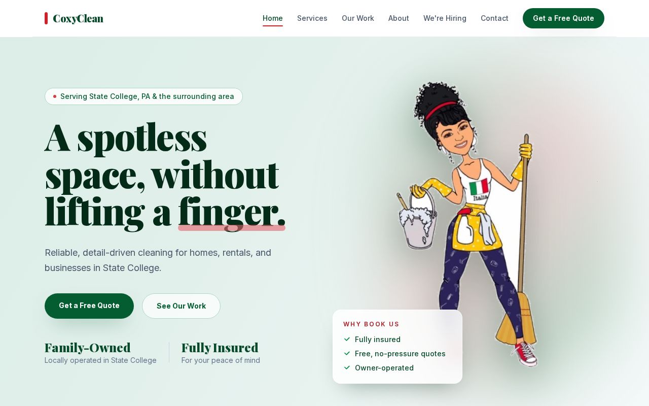 Preview of Website for Coxy Clean cleaning business.