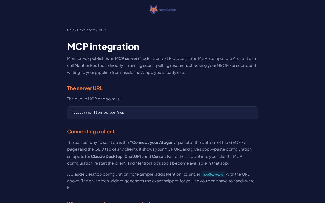 Preview of MCP server: connect MentionFox to Claude, ChatGPT or Cursor