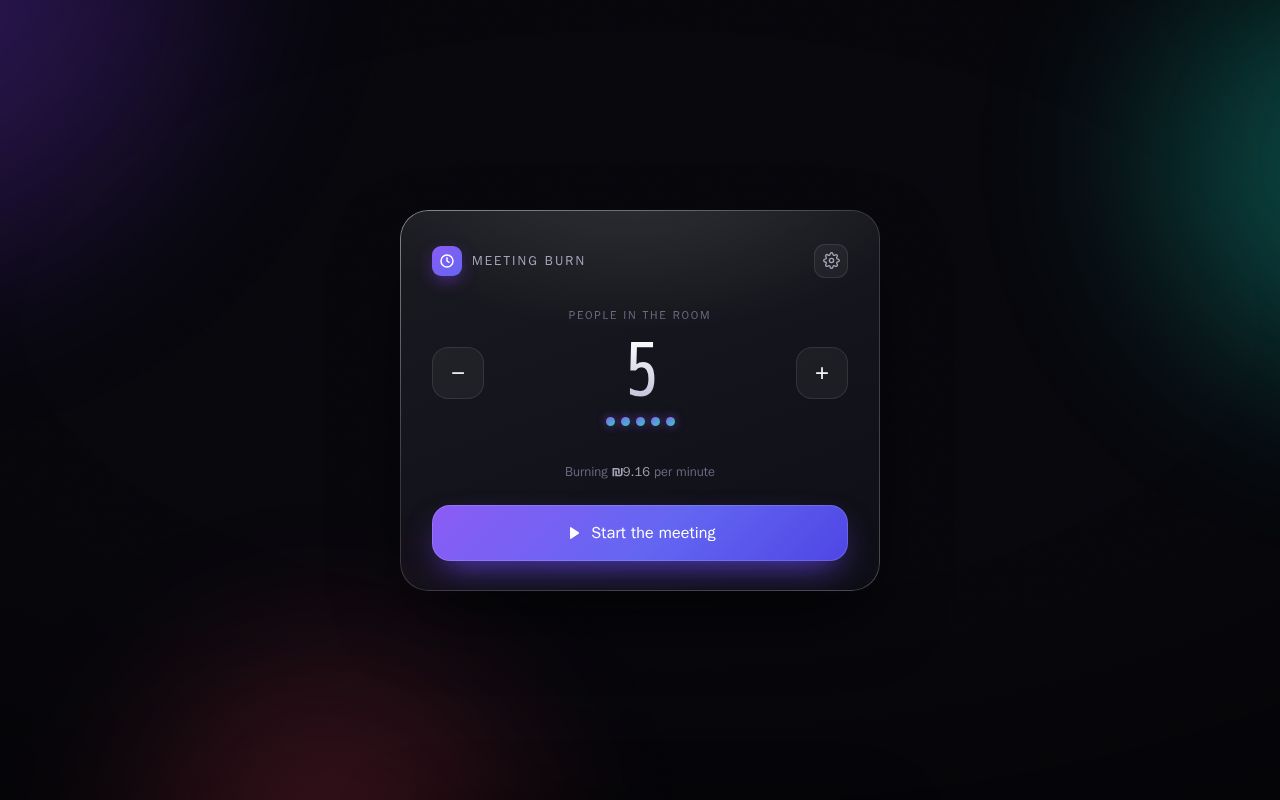 Preview of A live meeting cost tracker. One HTML file, no build, no dependencies.
