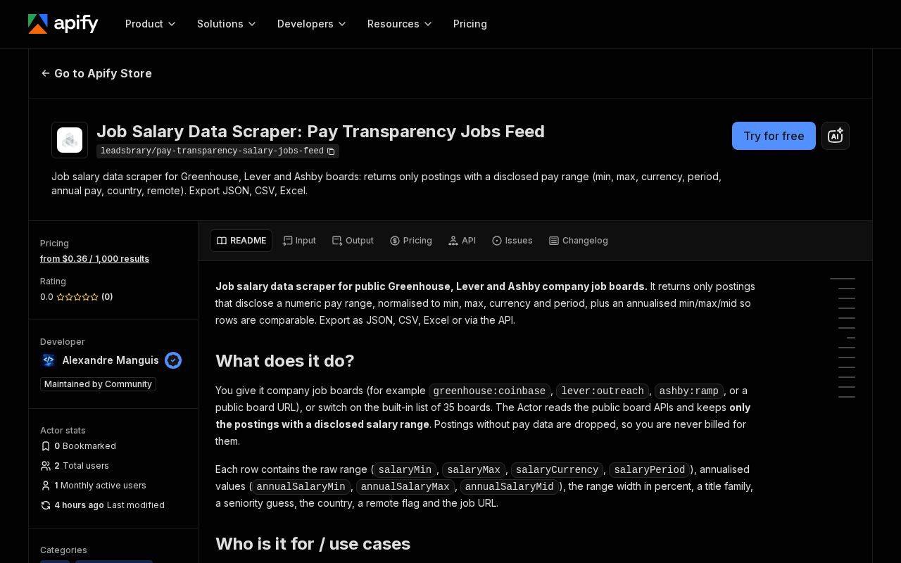 Preview of Pay Transparency Salary Jobs Feed Apify Actor