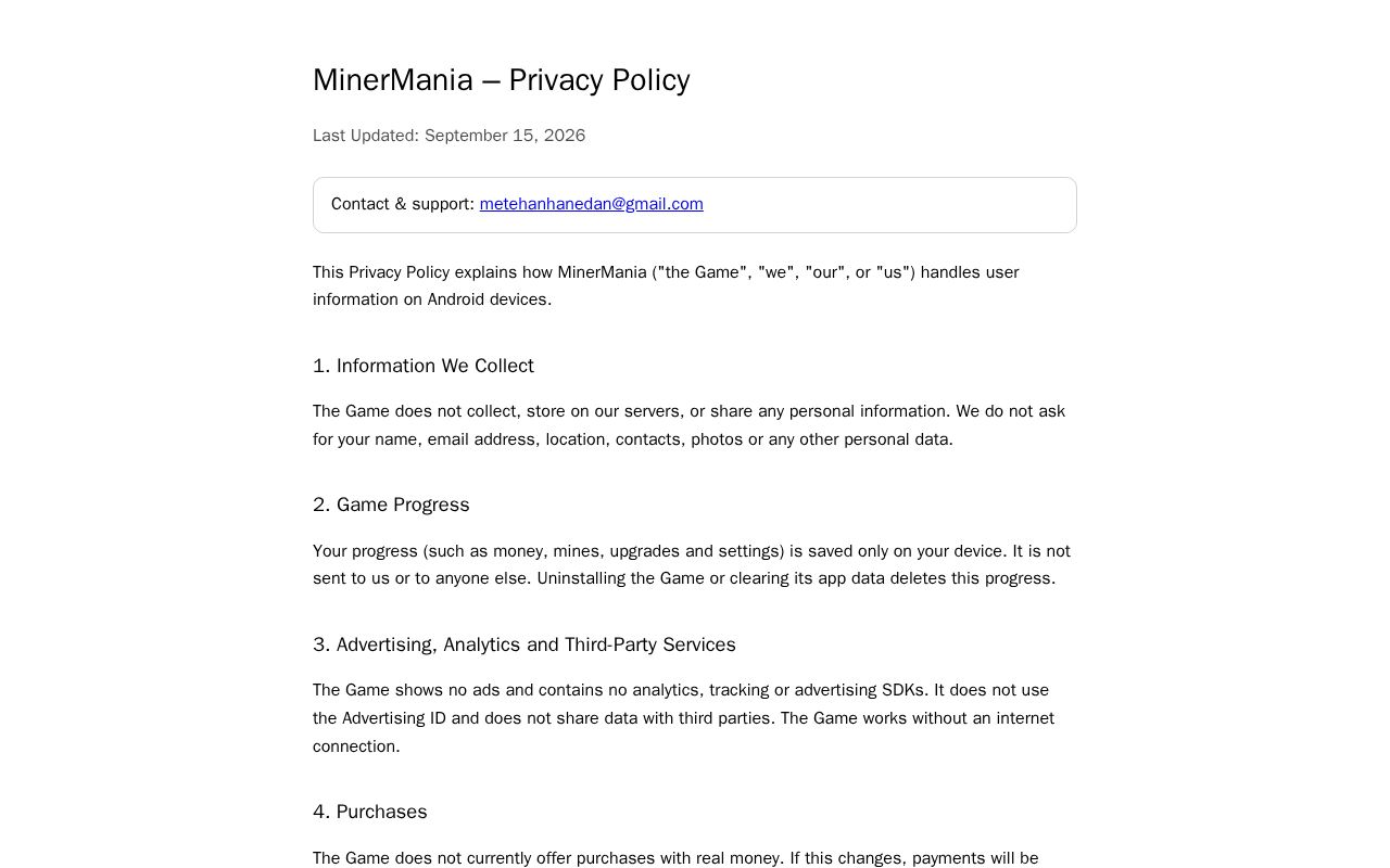 Preview of Privacy Policy for the MinerMania mobile game