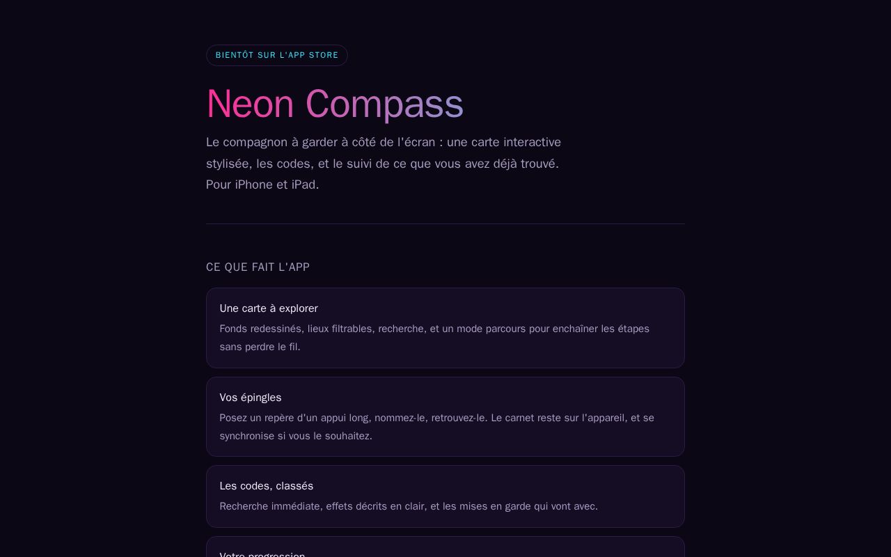 Preview of Site de Neon Compass — présentation et app-ads.txt, servi sur neoncompass.app