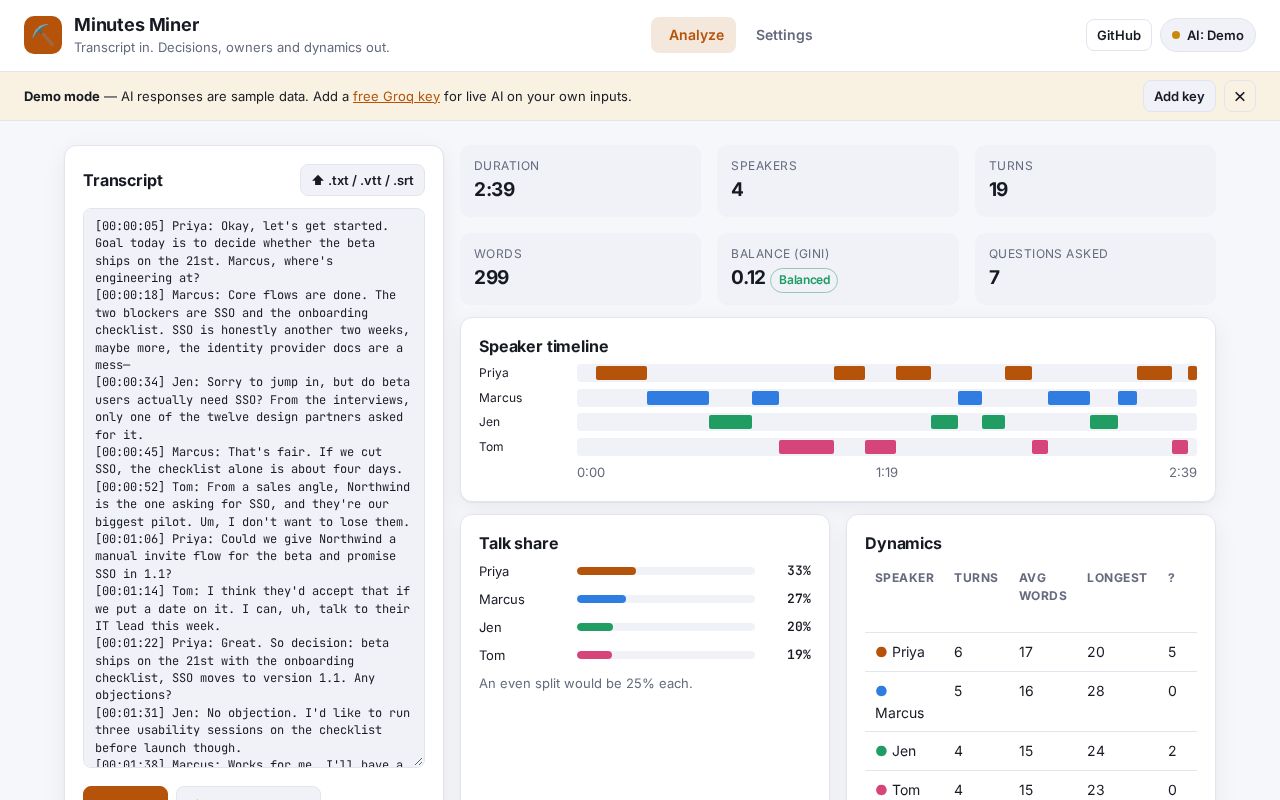 Preview of Meeting Notes Analyzer