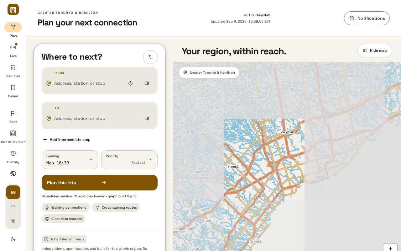Preview of Independent Greater Toronto and Hamilton Area transit journey planner