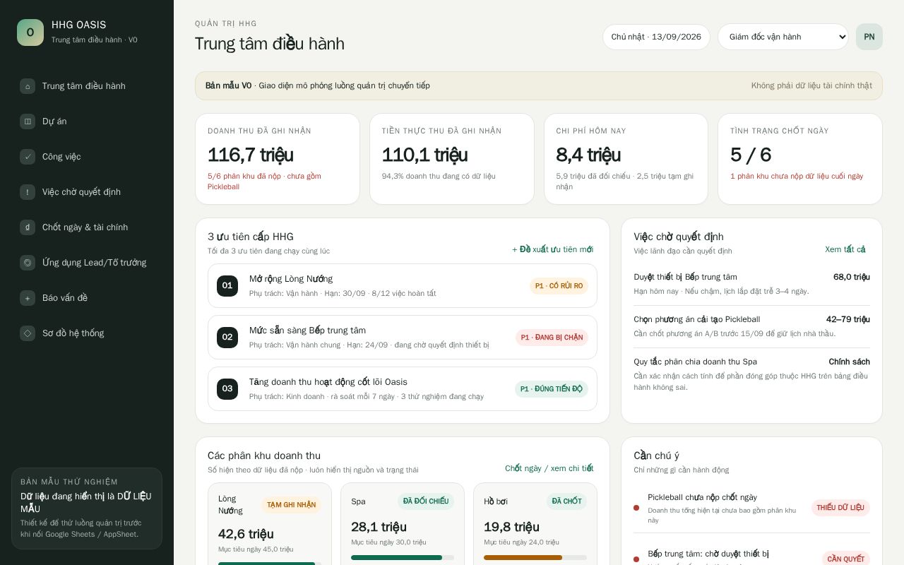 Preview of HHG Oasis — Control Tower Lite V0 demo (static UI for Vercel)