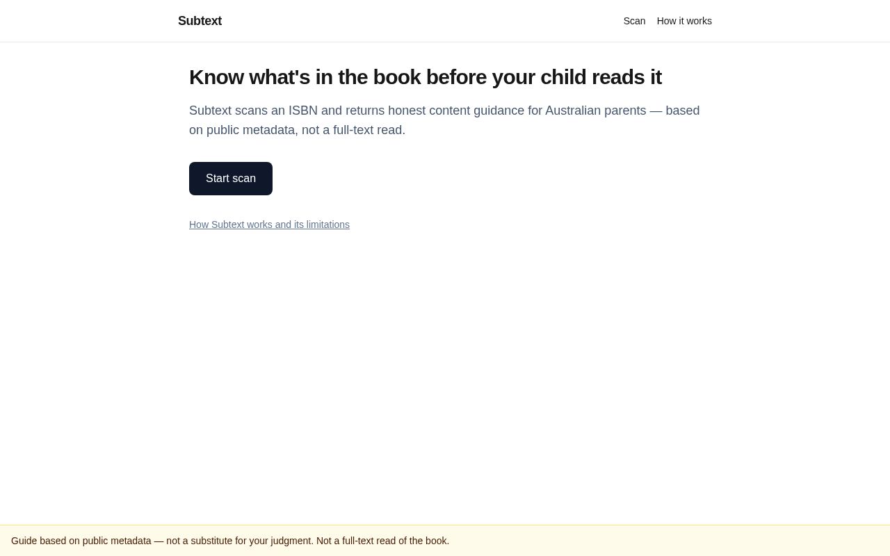 Preview of Subtext 2.0 MVP — trust-first ISBN content guidance for Australian parents