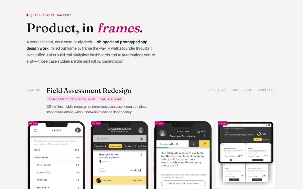Preview of A quick-glance contact sheet gallery of product & app design work