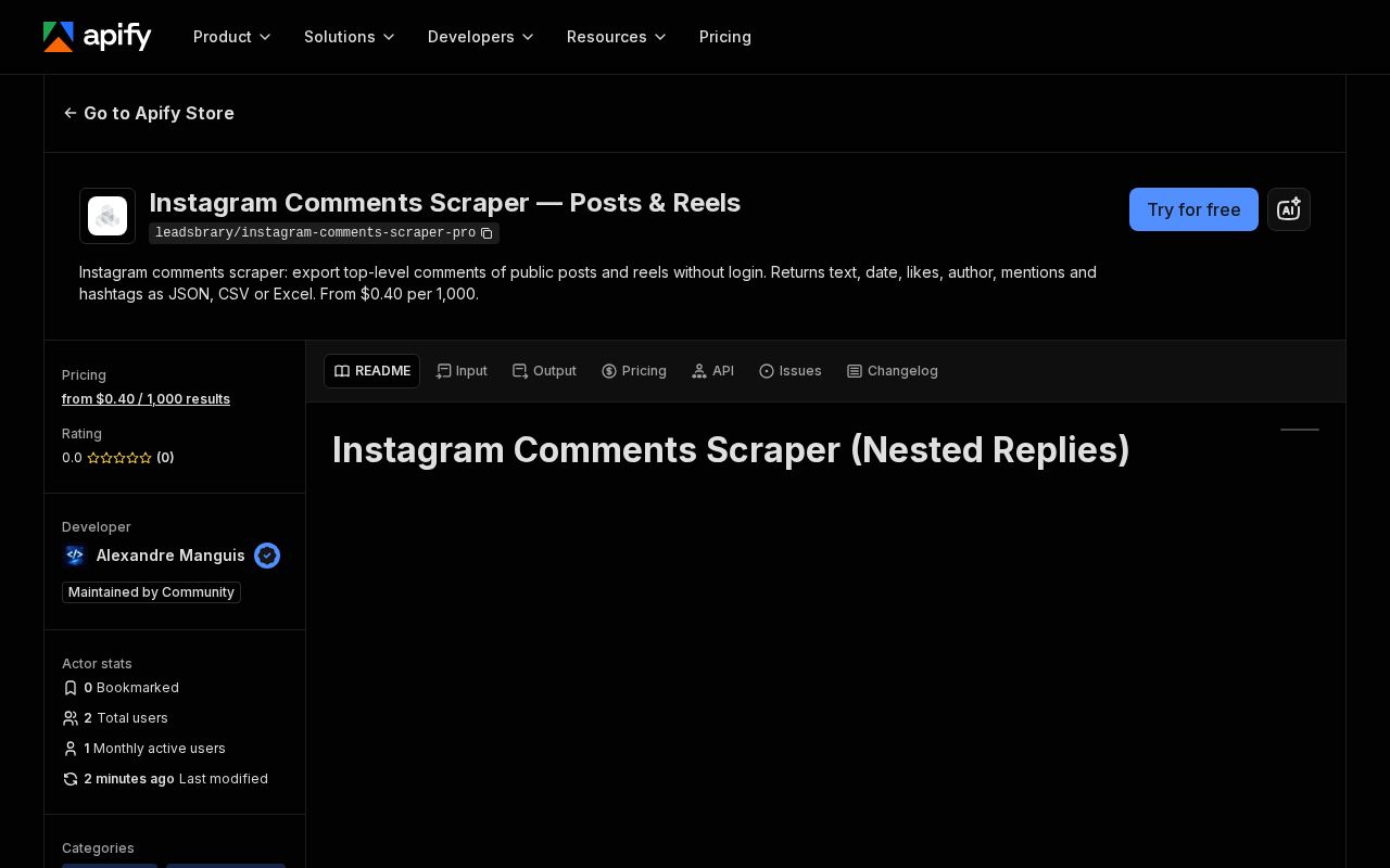 Preview of Instagram Comments Scraper Pro Apify Actor