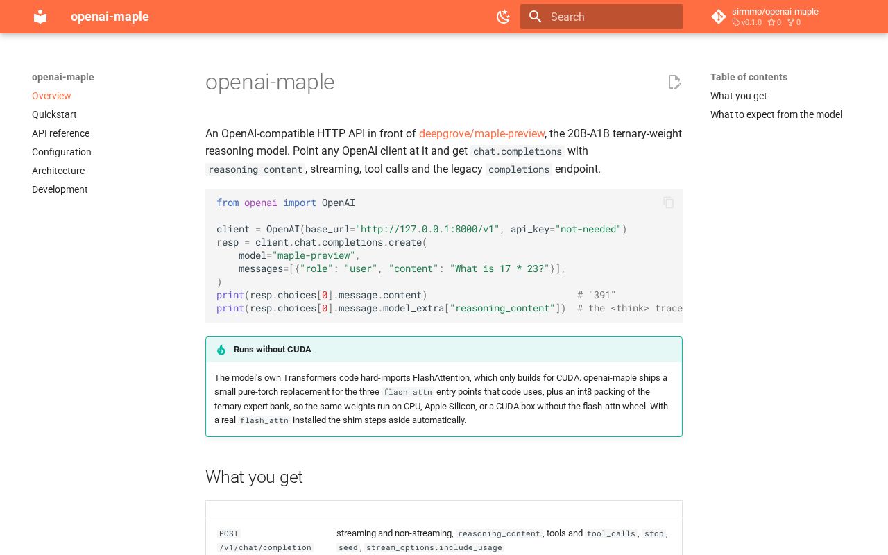 Preview of OpenAI-compatible API server for deepgrove/maple-preview (runs on CPU or CUDA)