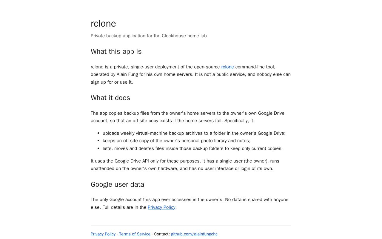 Preview of Home page and privacy policy for the private rclone backup app (Google OAuth branding)