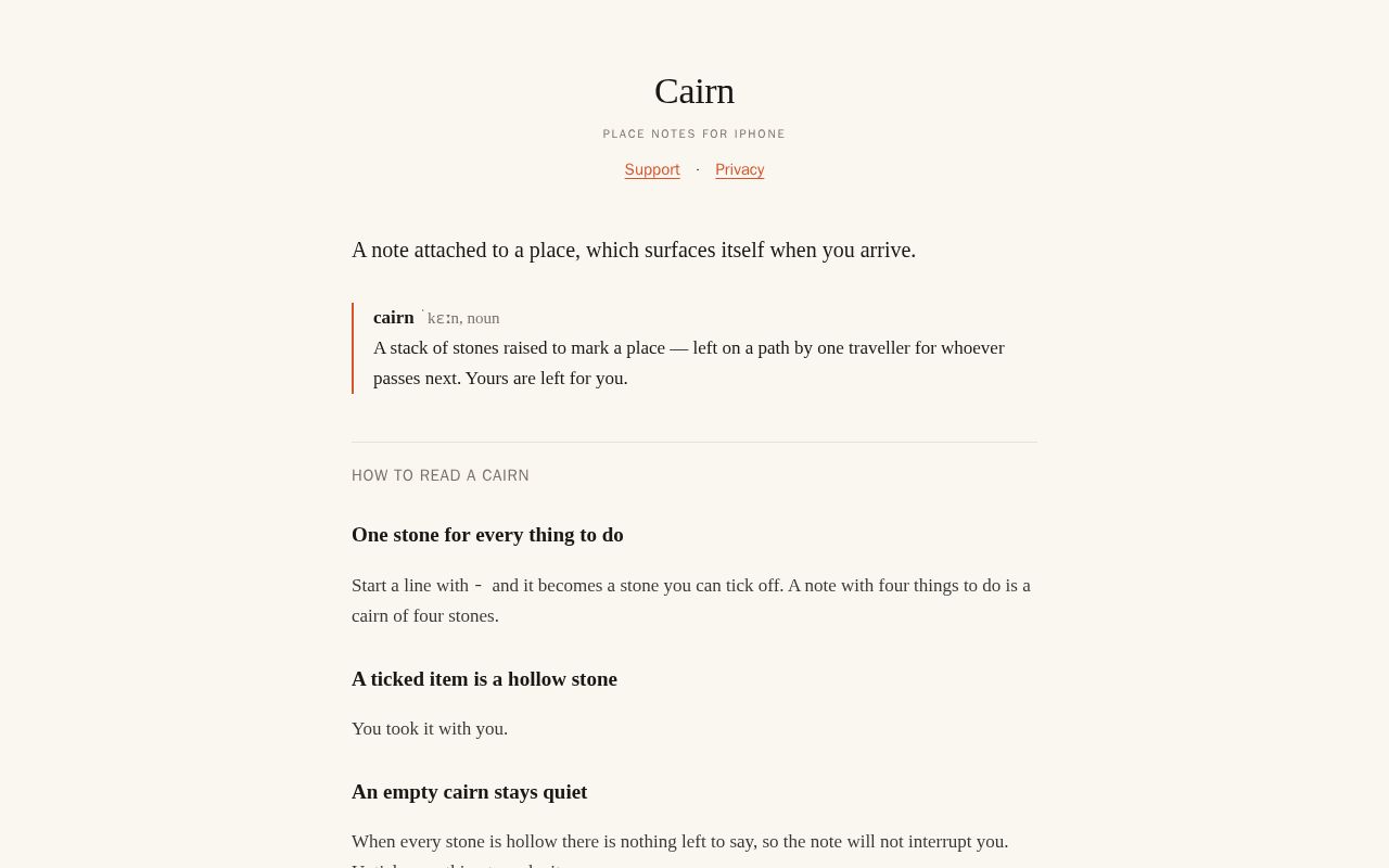 Preview of Support and privacy pages for Cairn: Place Notes