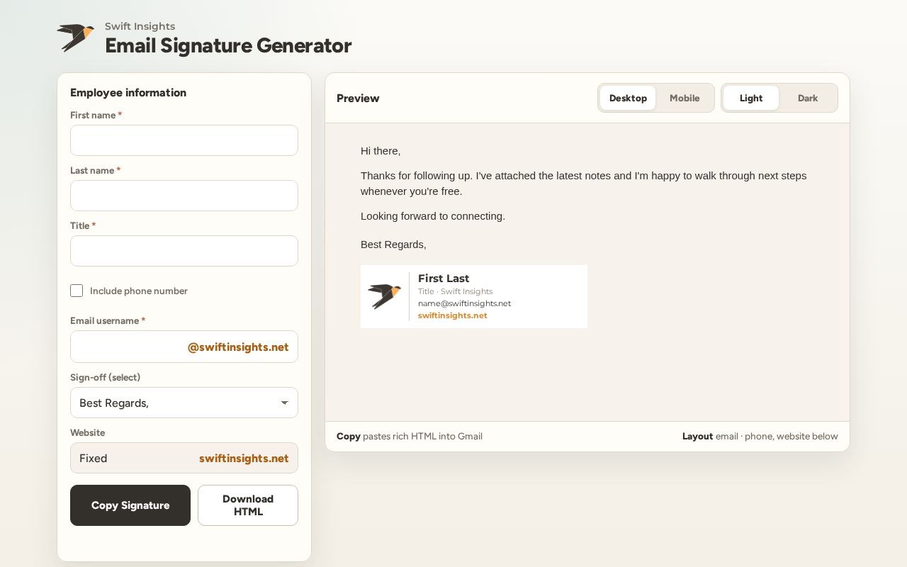 Preview of Internal Swift Insights email signature generator