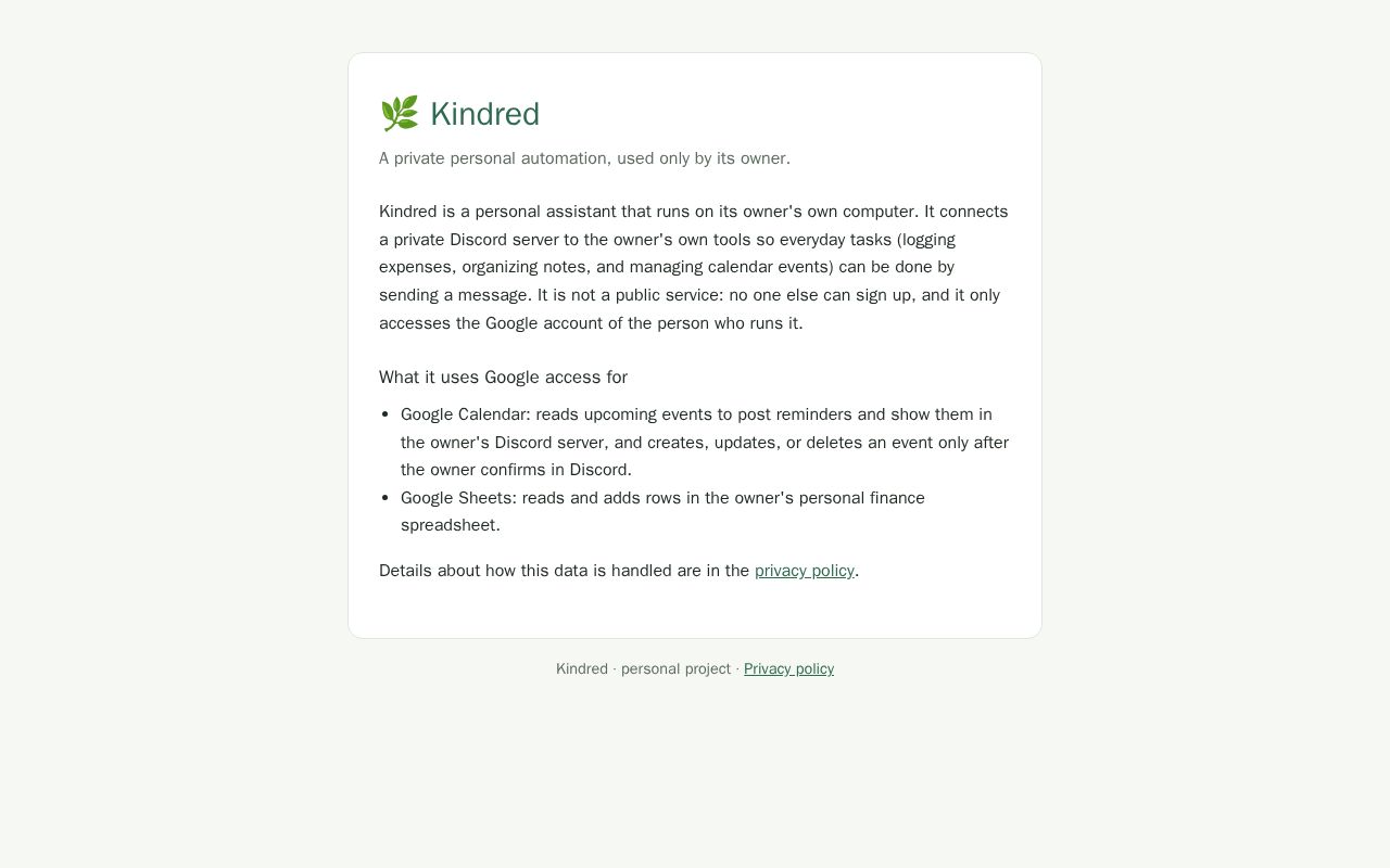 Preview of Homepage and privacy policy for Kindred, a private single-user personal automation