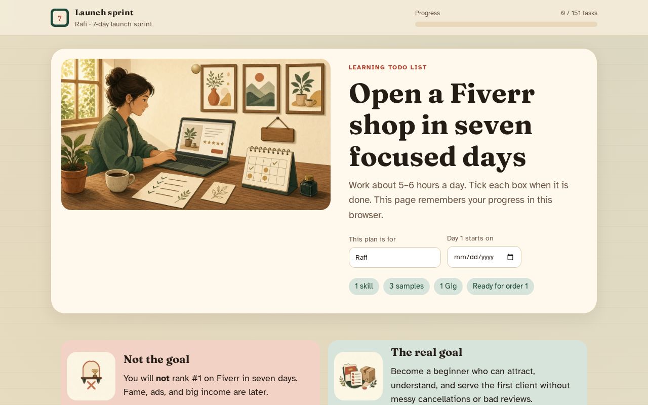Preview of Illustrated 7-day Fiverr launch sprint checklist