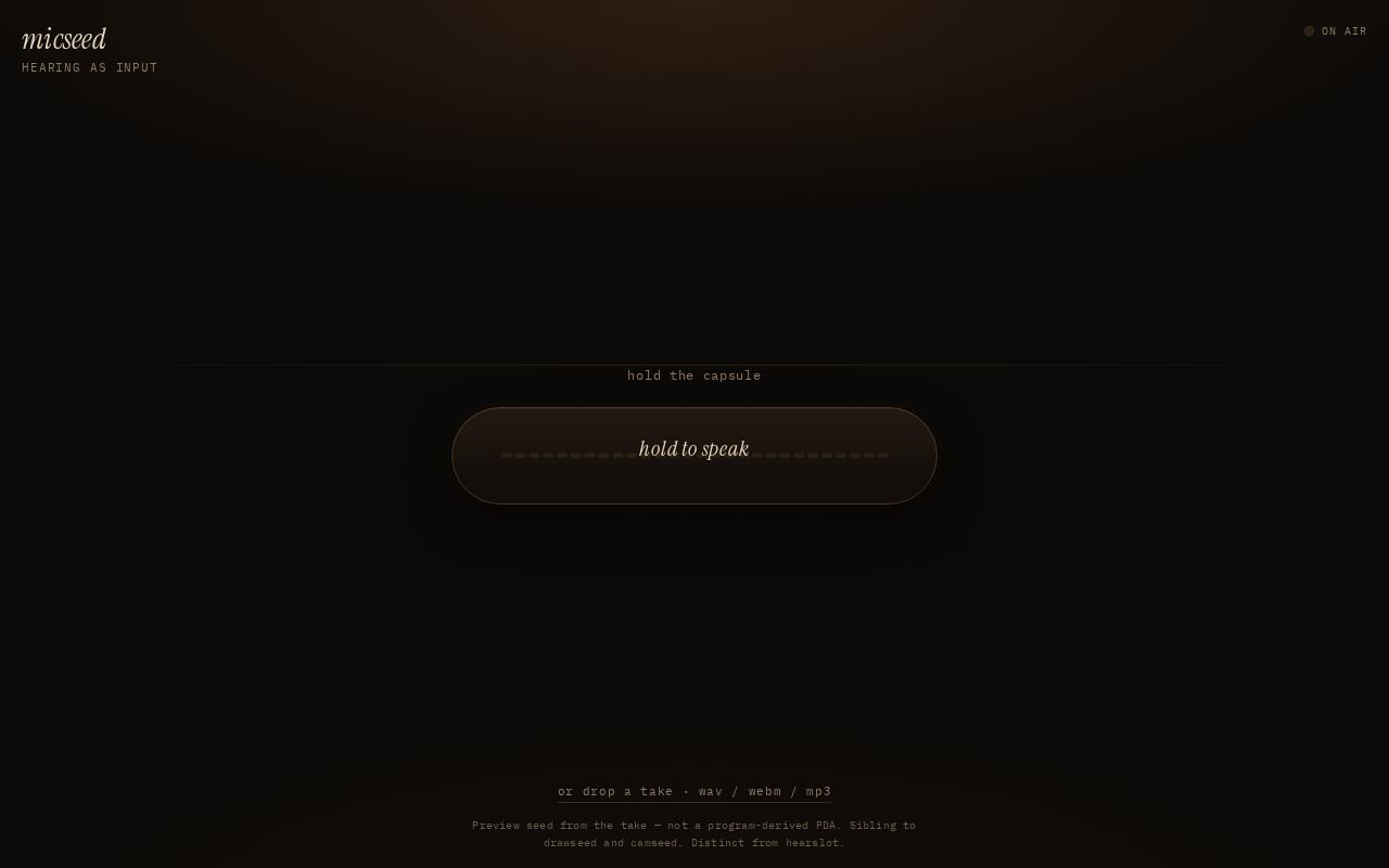 Preview of Mic hold-to-speak → hash → Solana PDA-style address. Hearing sense, not an explorer.