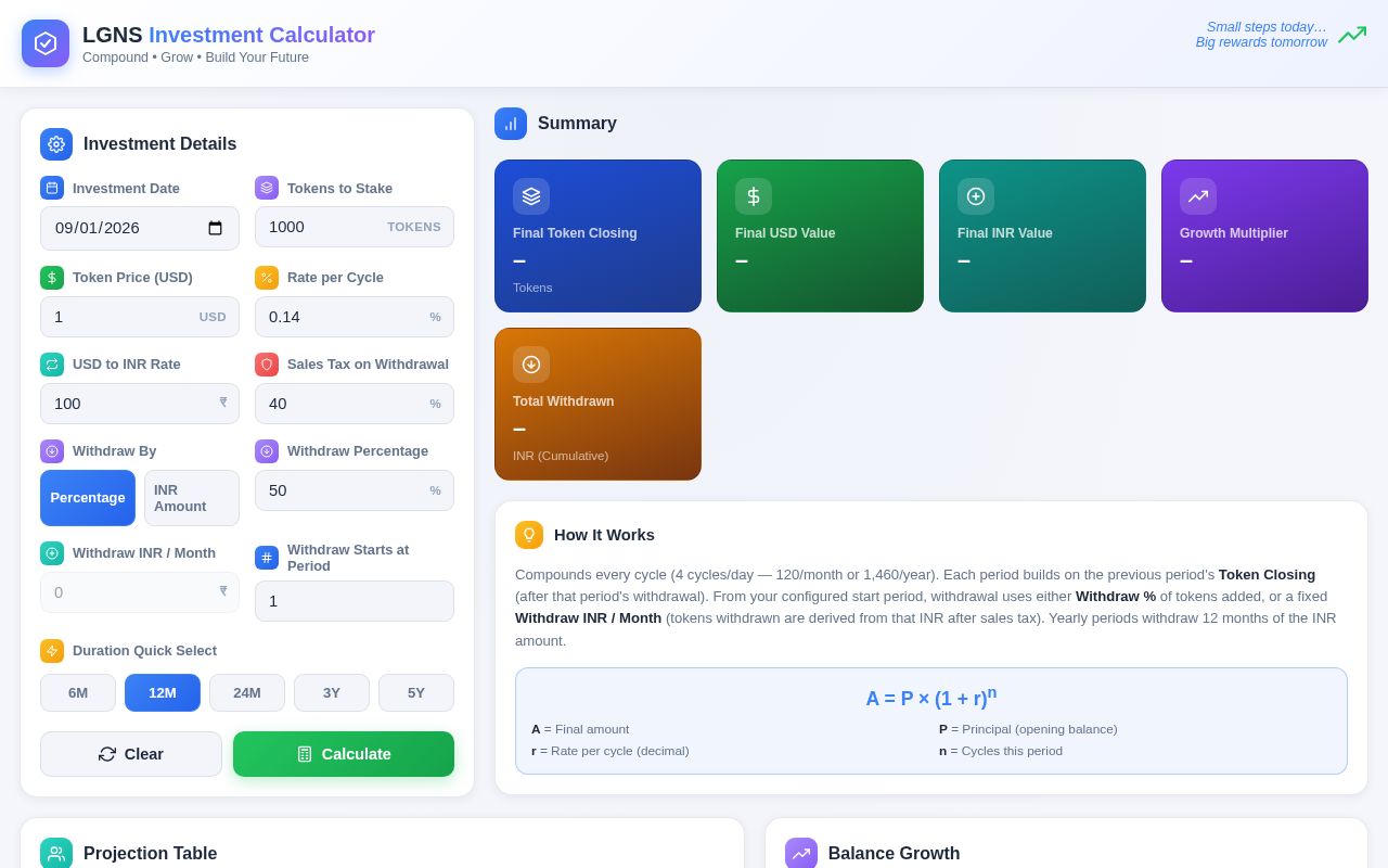 Preview of LGNS Dynamic Compound Investment Calculator - installable PWA