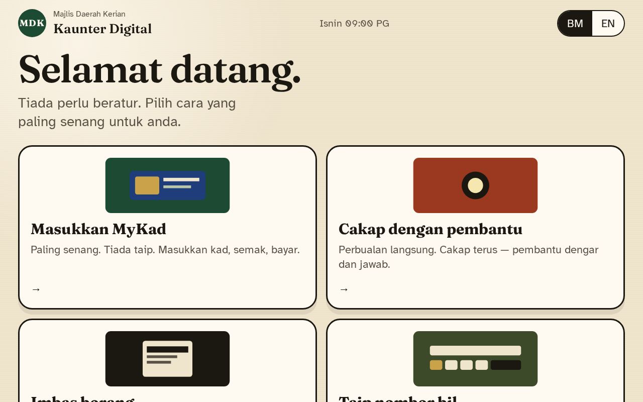 Preview of Kaunter Digital MDK — senior-first kiosk mock for Majlis Daerah Kerian