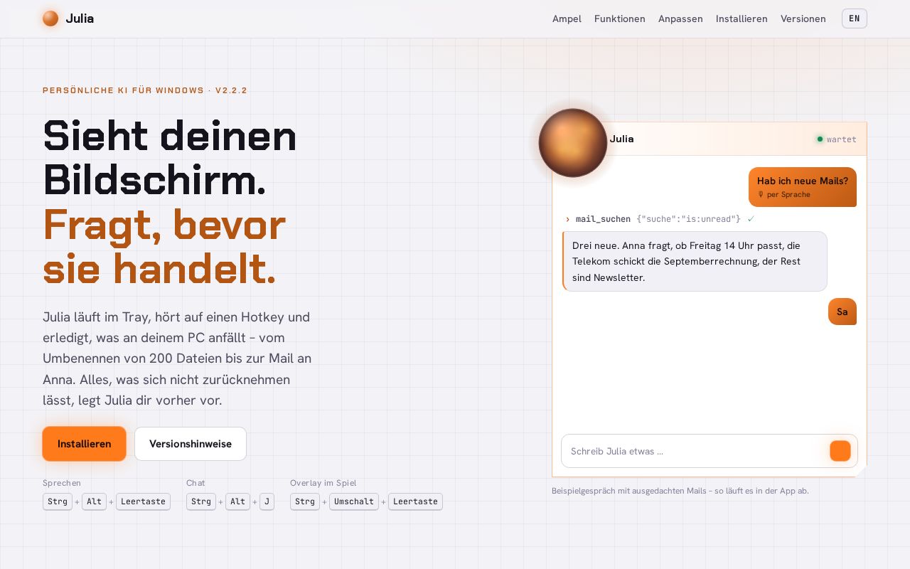 Preview of Julia AI – Webseite und Installer für Windows / website and installer