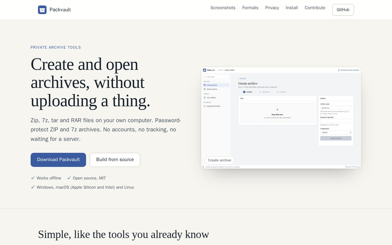 Preview of Packvault: private archive tools that run on your computer