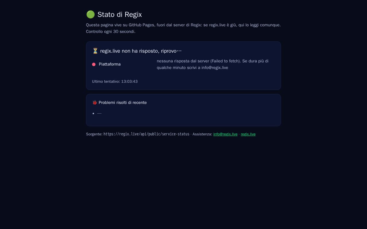 Preview of Pagina di stato di regix.live, ospitata fuori dal server (GitHub Pages)