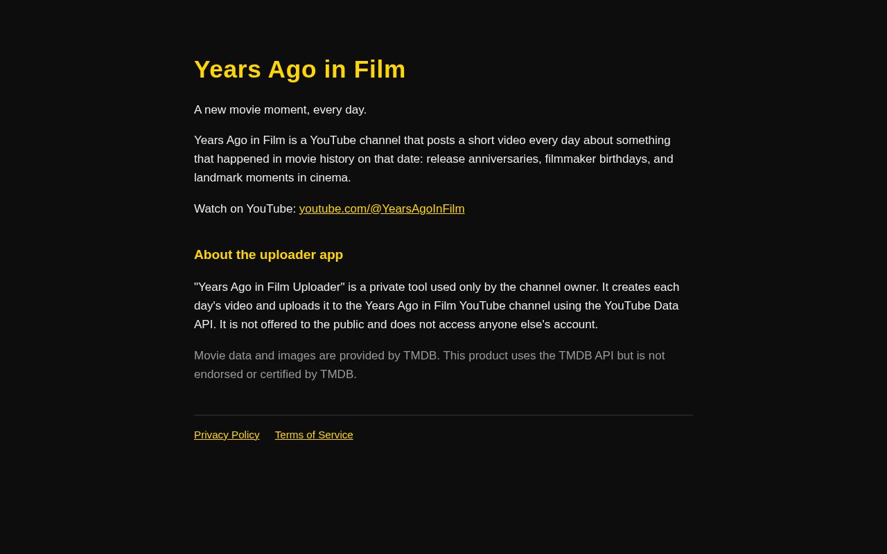Preview of Years Ago in Film: homepage, privacy policy, and terms
