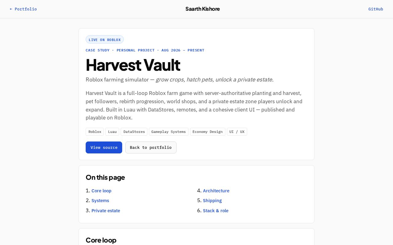 Preview of Harvest Vault — Roblox farming simulator (crops, pets, private estate, rebirths)