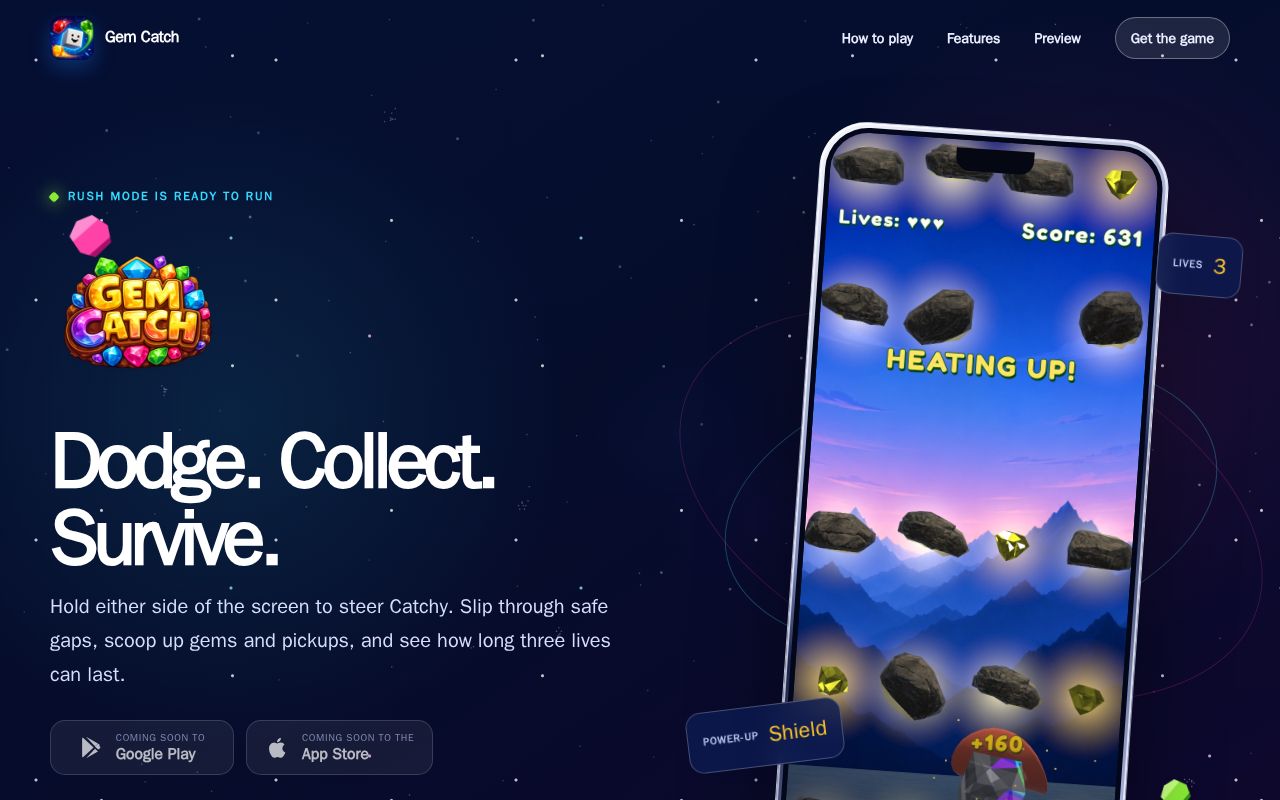 Preview of Public website and privacy policy for the Gem Catch mobile game