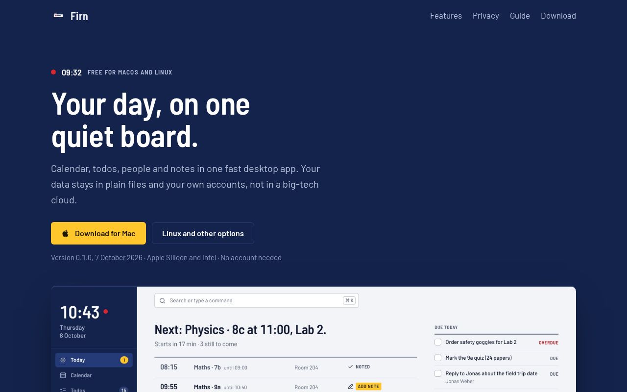 Preview of Firn: your calendar, todos, people and notes, privately