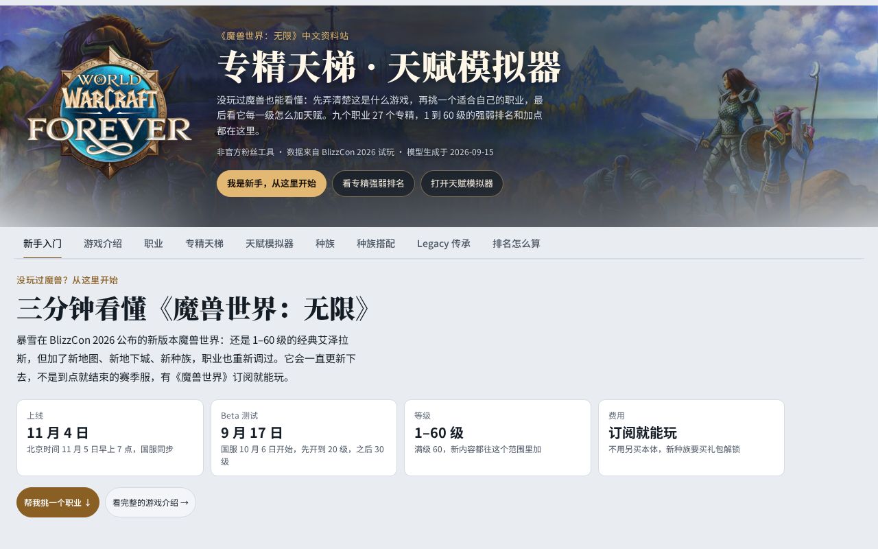 Preview of 魔兽世界 Forever 27 专精 1–60 级天梯与最佳加点（非官方粉丝工具）
