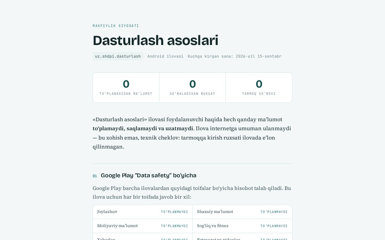 Preview of Dasturlash asoslari (uz.shdpi.dasturlash) Android ilvasining maxfiylik siyosati