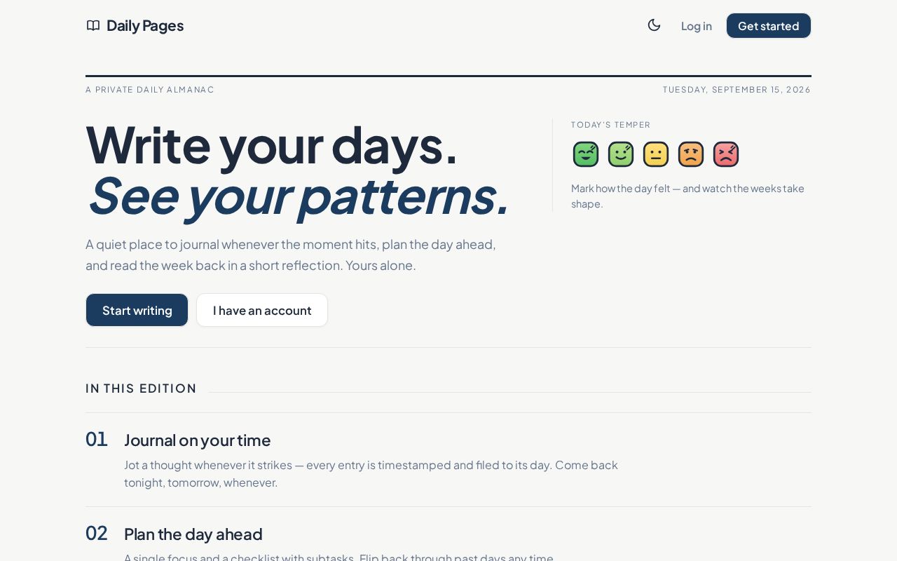 Preview of Daily Pages — a personal journaling web app (Supabase + GitHub Pages)