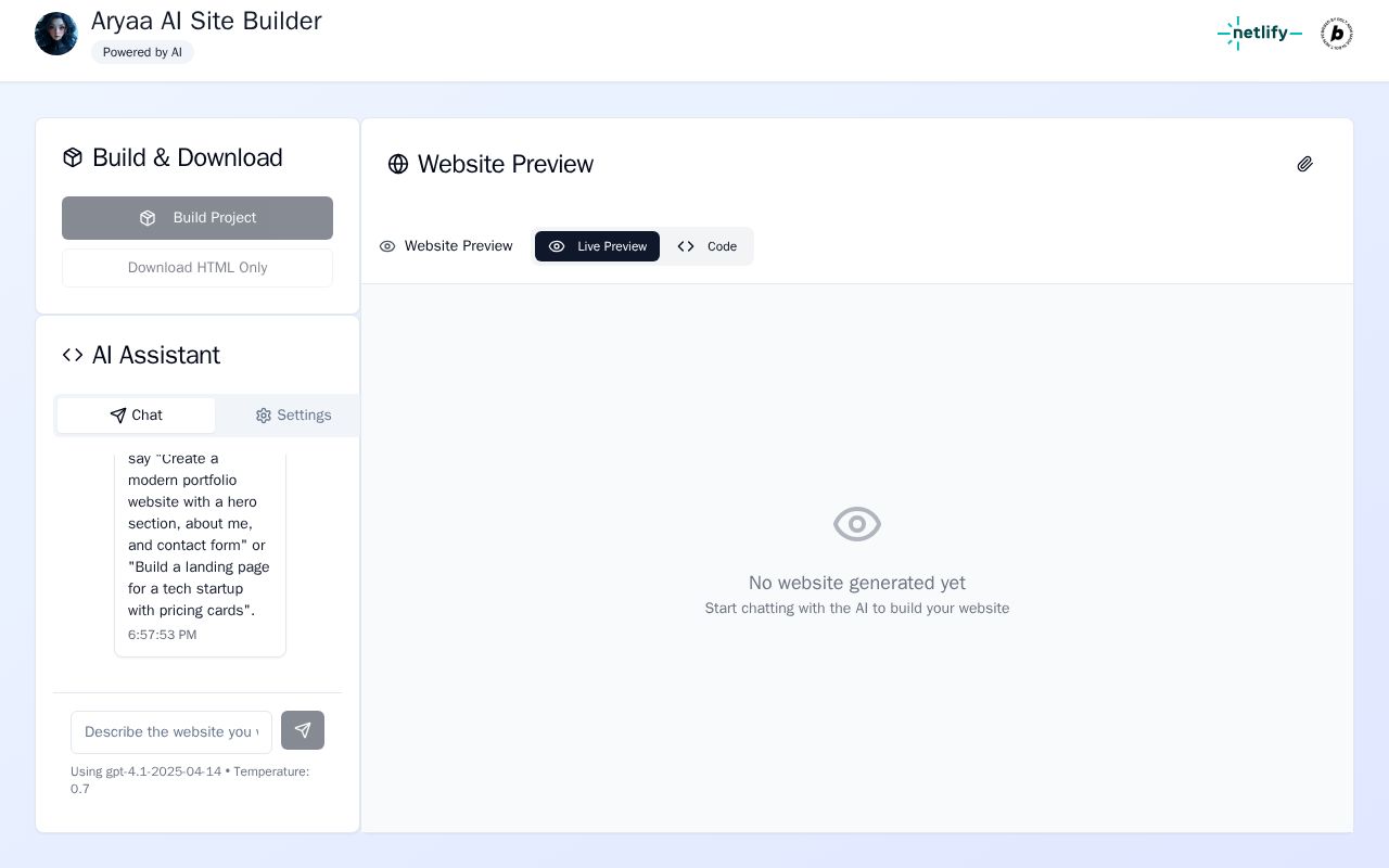 Preview of Aryaa AI Site Builder