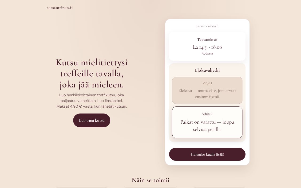 Preview of romanttinen.fi — sivusto + WordPress-plugin (kutsu-peli, Visma Pay, etusivu)