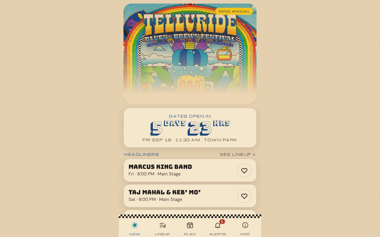 Preview of Telluride Blues & Brews festival companion app (React + Vite + Capacitor)