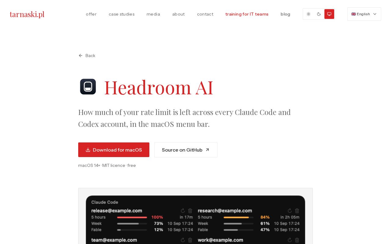 Preview of Headroom AI: Claude Code and Codex limits in the menu bar