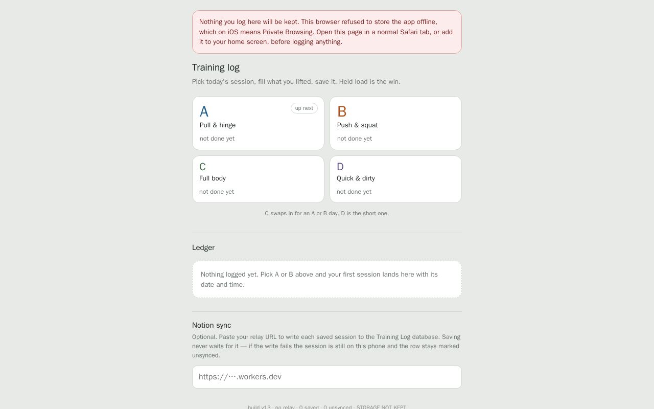 Preview of Offline A/B training logger. One HTML file, runs from the iPhone home screen.