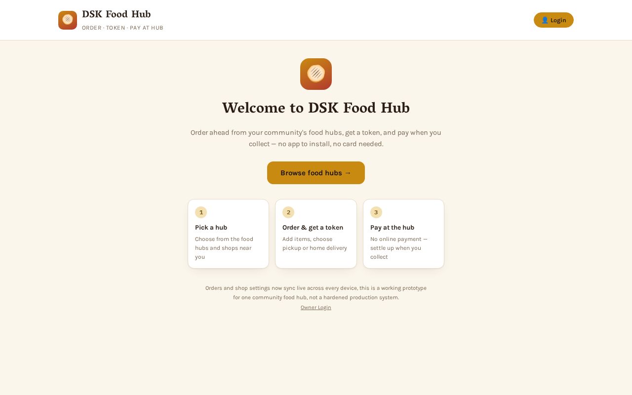 Preview of DSK Food Hub — token ordering & pickup/delivery prototype for a community food hub