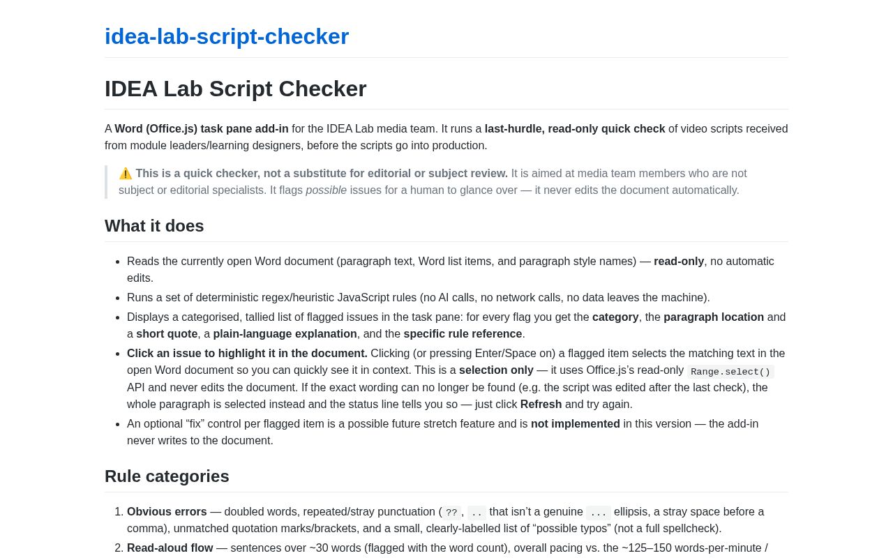 Preview of Idea Lab Script Checker