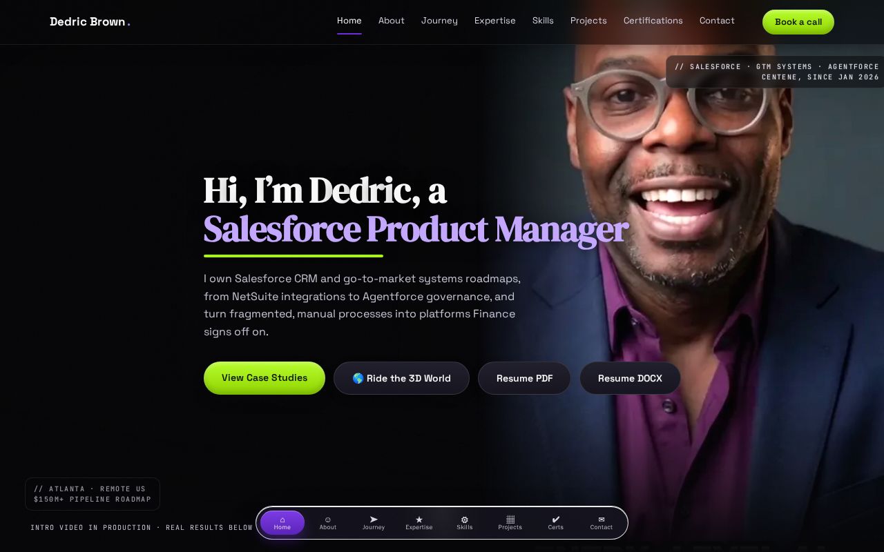 Preview of Dedric Brown — Senior Salesforce Product Manager: resume site + 3D world