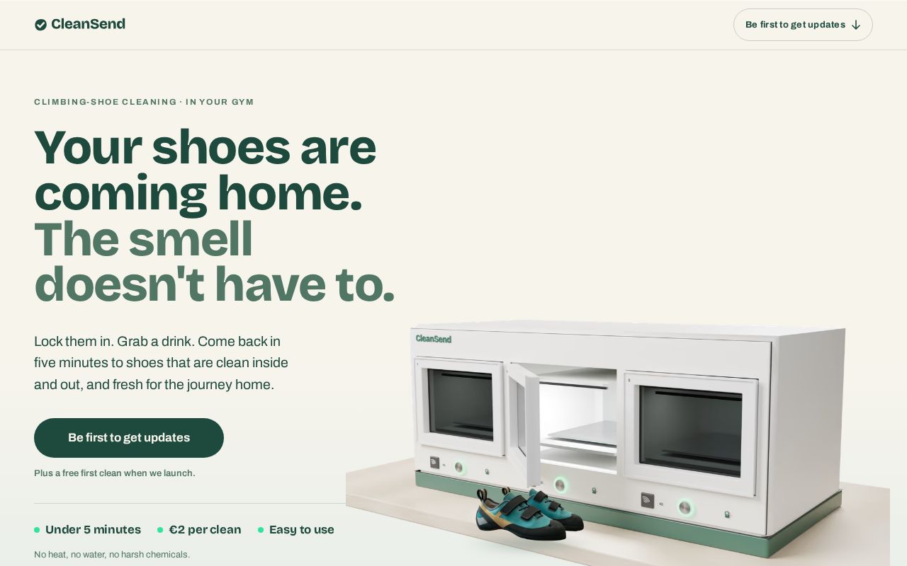 Preview of CleanSend — climbing-shoe cleaning, in your gym (landing page)