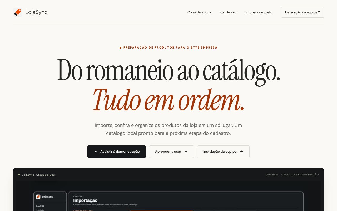 Preview of Vitrine do LojaSync com demonstração real e dados fictícios