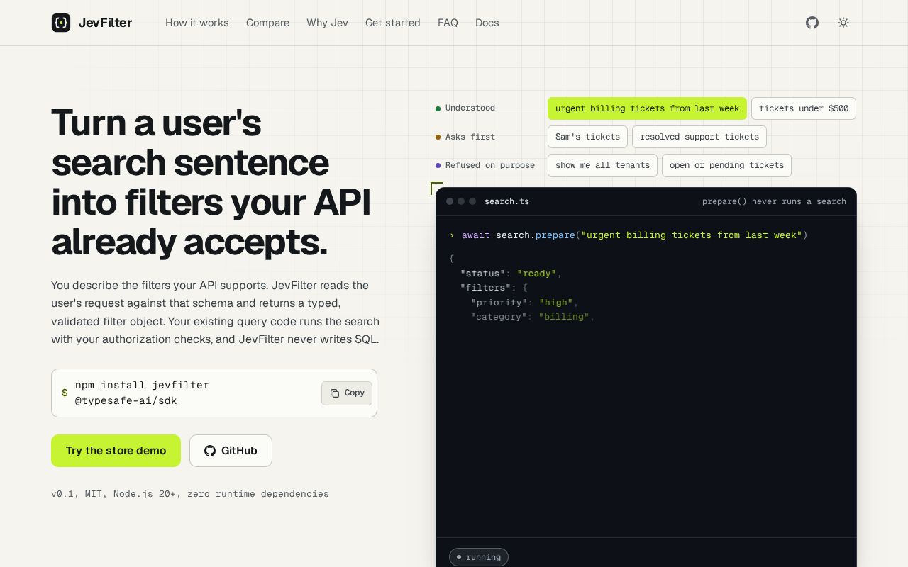 Preview of JevFilter: Turn search sentences into filters your API already accepts