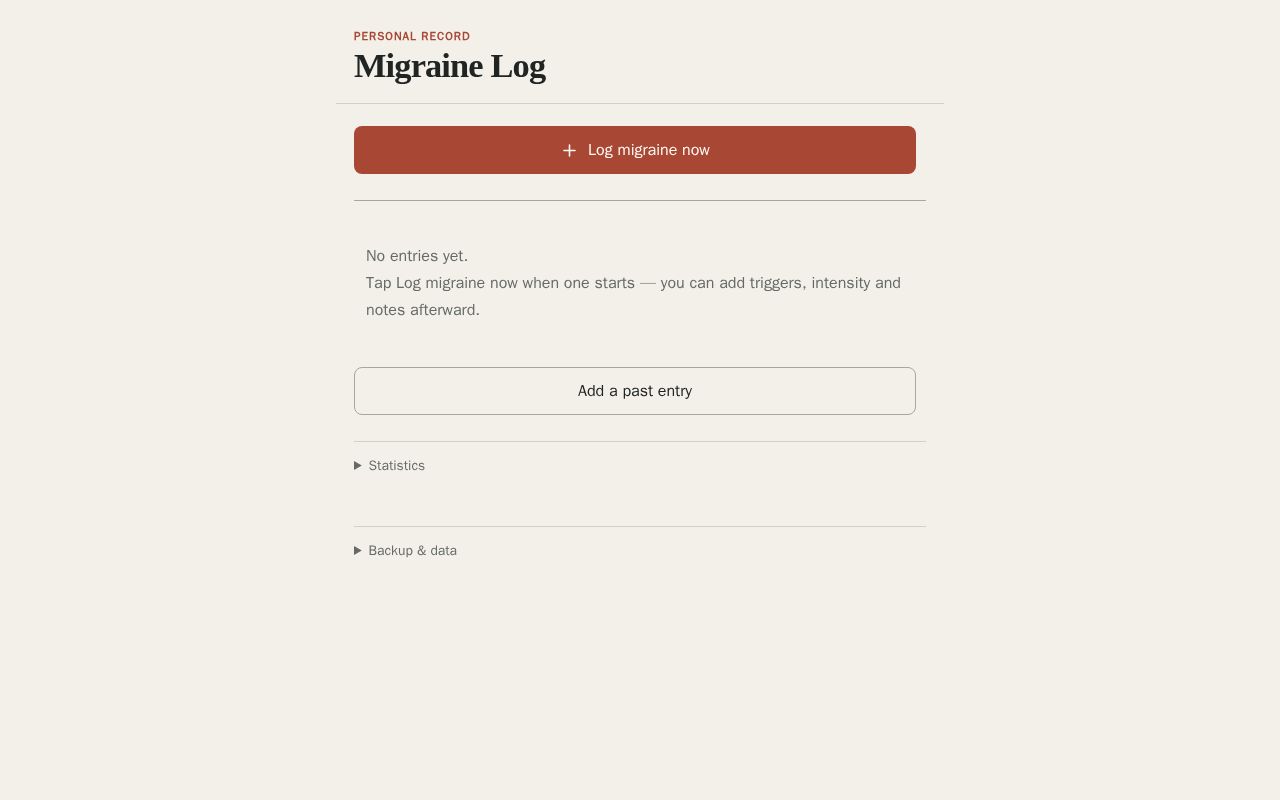 Preview of A simple, private, installable PWA for logging migraines. Works offline.