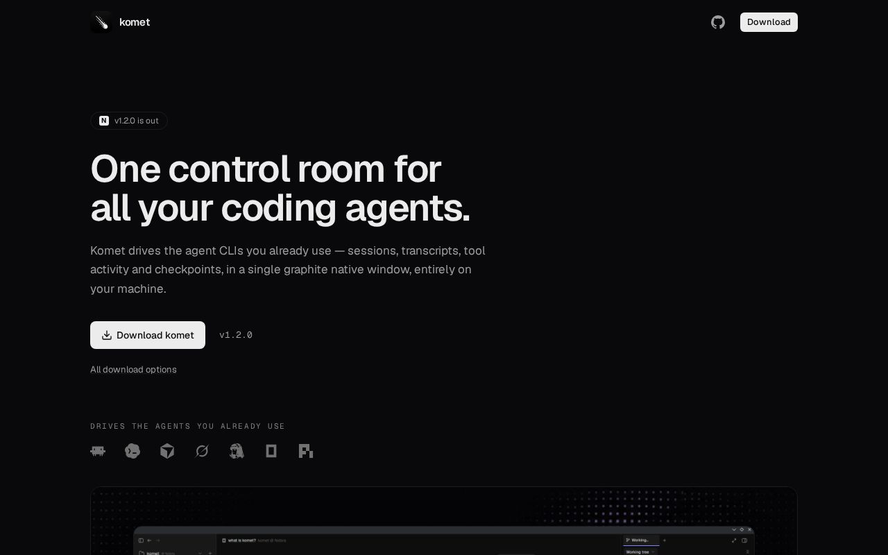 Preview of Komet — control your coding agents locally by default, with optional multi-device sync.