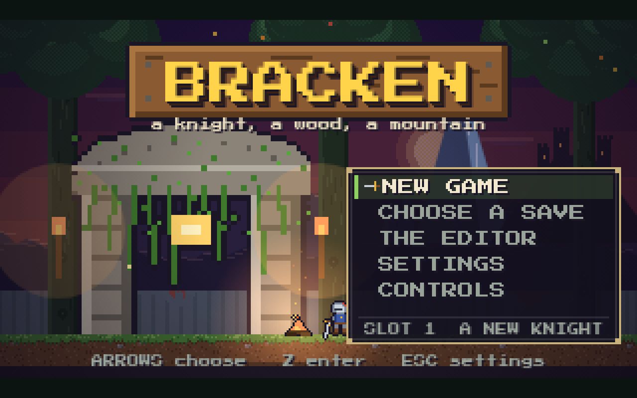 Preview of BRACKEN: a 16-bit forest platformer with a knight, a sword, a shield, and a plunge