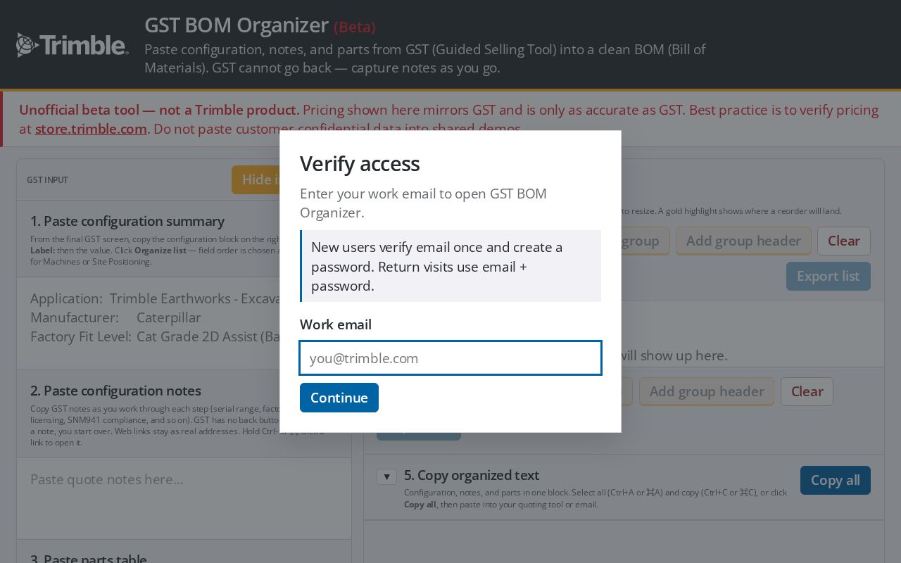 Preview of GST BOM Organizer — internal beta tool for cleaning Guided Selling Tool parts lists.