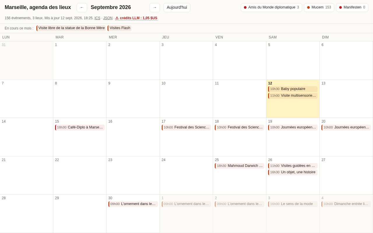 Preview of Agentic events agenda for a curated list of Marseille venues (GitHub Actions cron + Pages)
